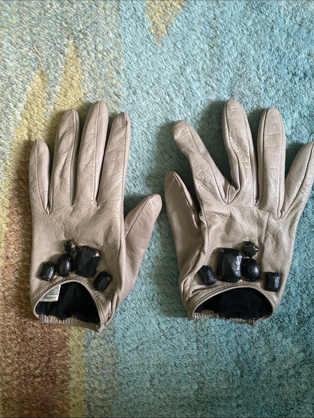 3.1 Phillip Lim Taupe Leather Gloves with Black Jewel Embellishments
